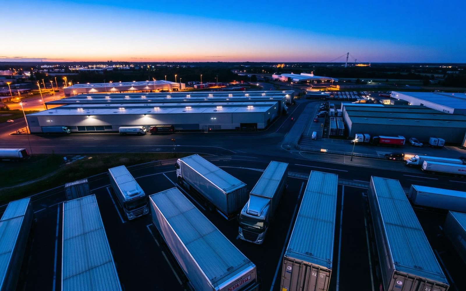 Aerial view of European logistics hub at dusk